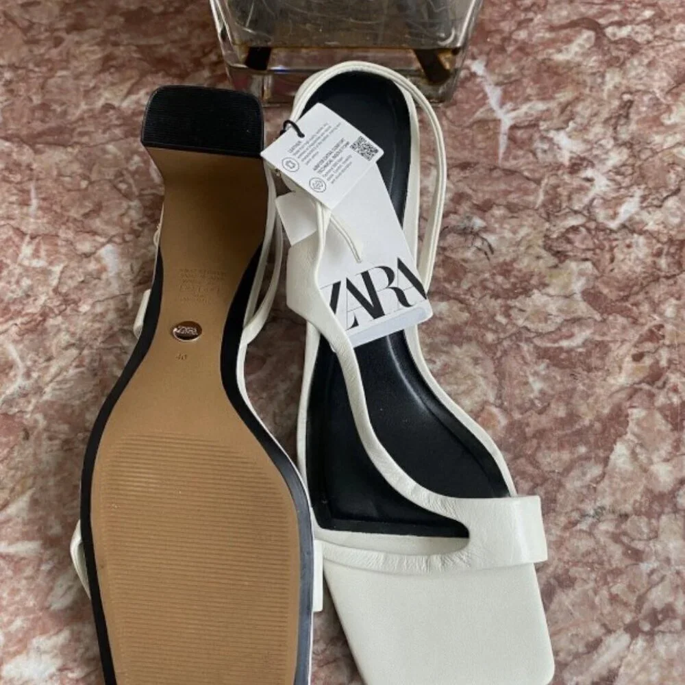 Zara Retro Ivory Strap Square Toe Y2K Heeled Sandal SIZ US 10/EU 41 1313/110/001